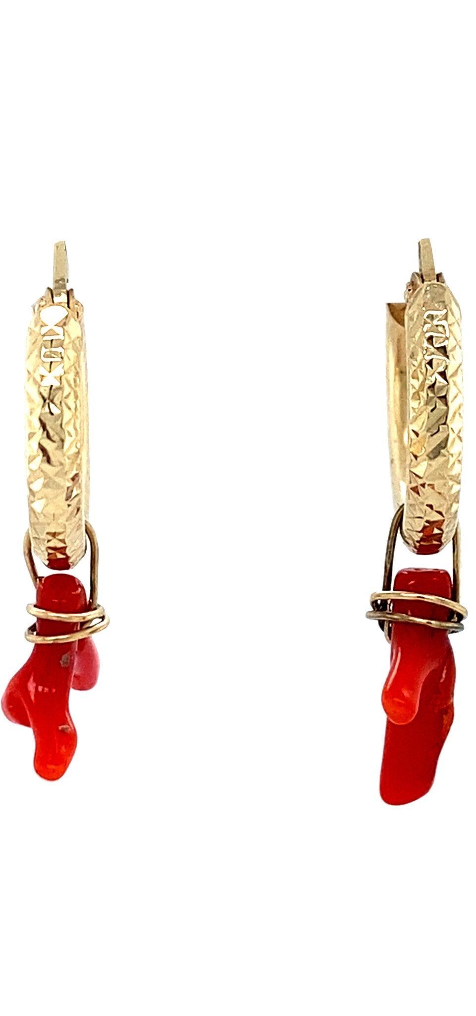 Vintage 14K Gold Hoop Earrings with Red Coral
